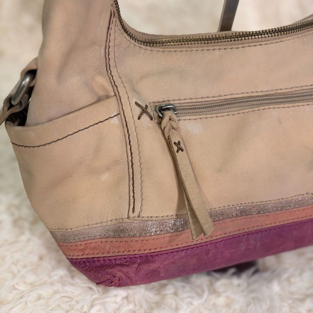The Sak Leather Shoulder Bag Beige Purple Suede Bottom Stripe Hobo Purse Vintage - Picture 5 of 14